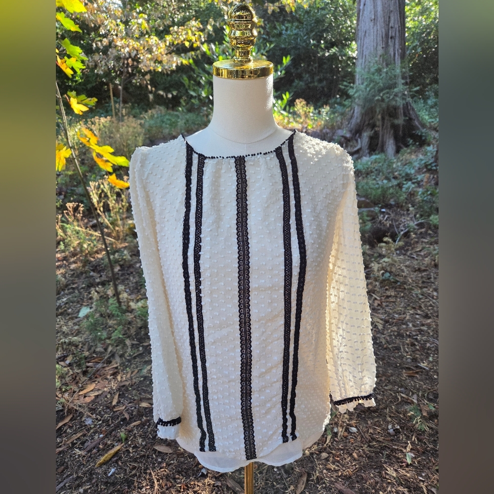 J. Crew White Textured Blouse with Black Stripes